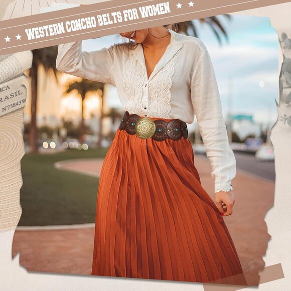 Woman's Western PU Leather Belts Concho Disc Wide Waist Belt Brown Bronze Buckle - Picture 5 of 6